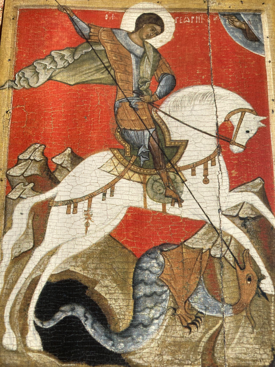 Икона святого великомученика Георгия Победоносца («Чудо Георгия о змие»), конец XIV века, Новгород.