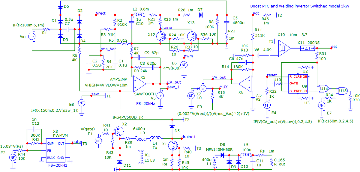 Рис.1. Модель классического сварочного инвертера с ККМ по питанию.