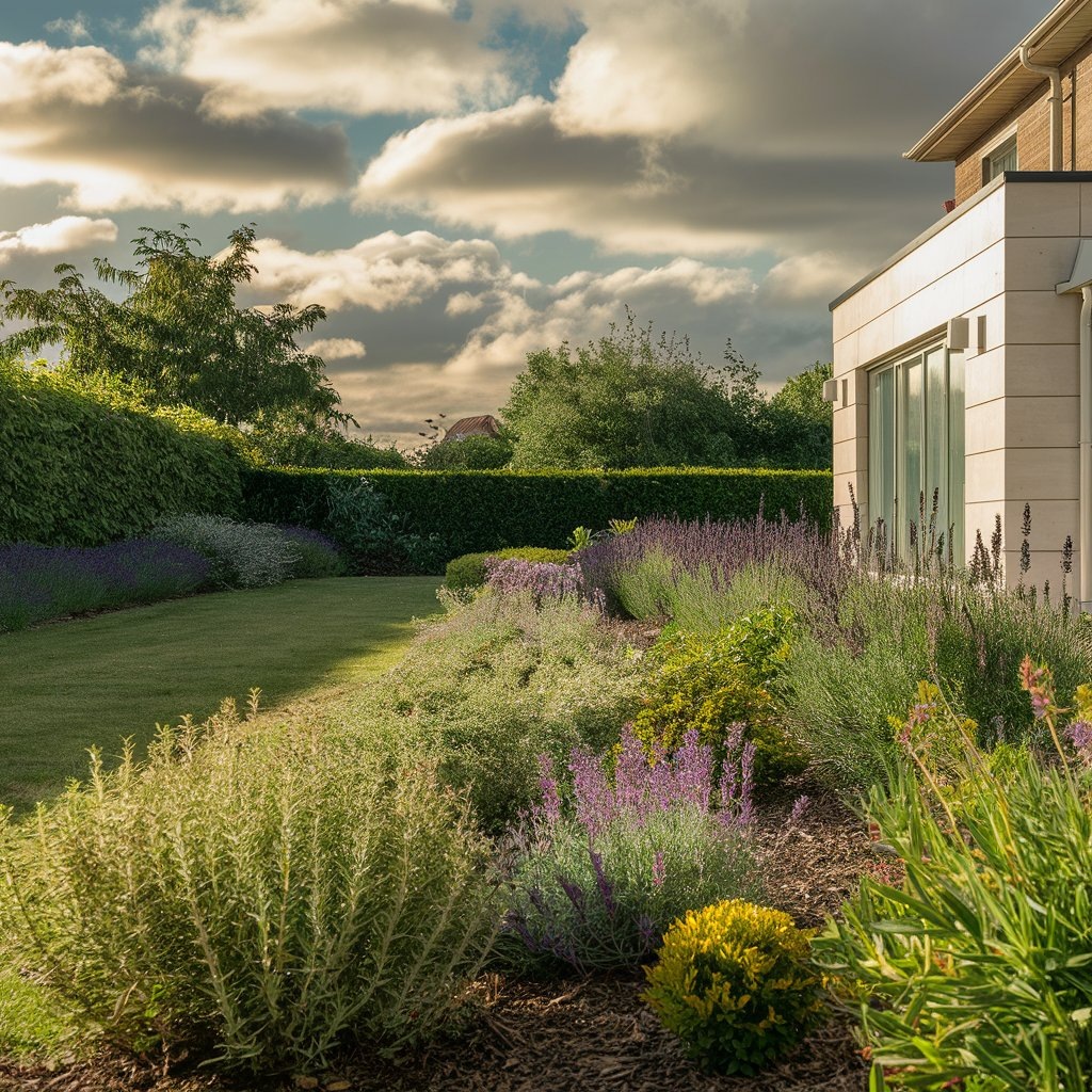 Пример ландшафтного участка с тимьяном, лавандой и седумом.