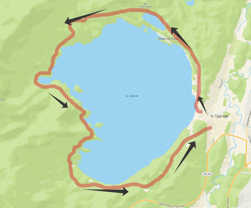 Озеро Тургояк. Примерный путь