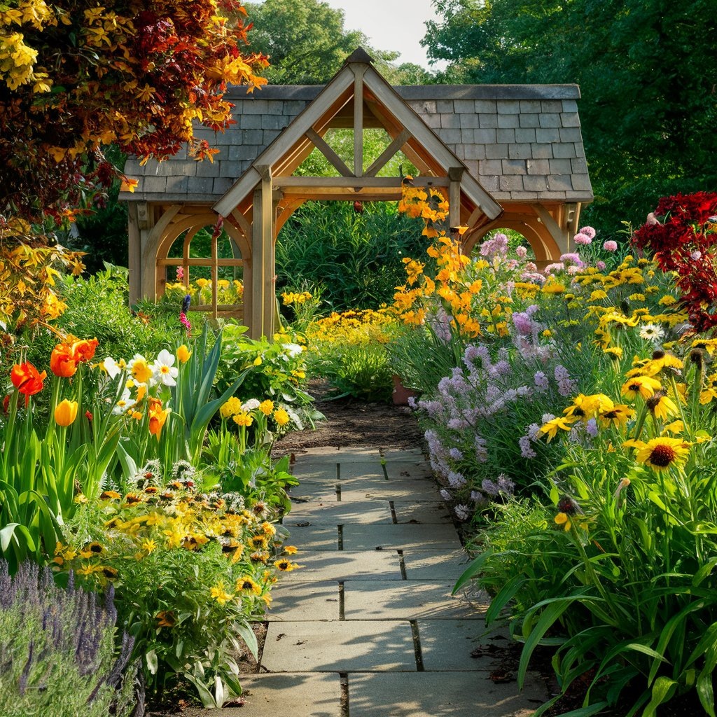 Пример цветника с растениями, цветущими в разные периоды времени. Подробнее читайте ниже.