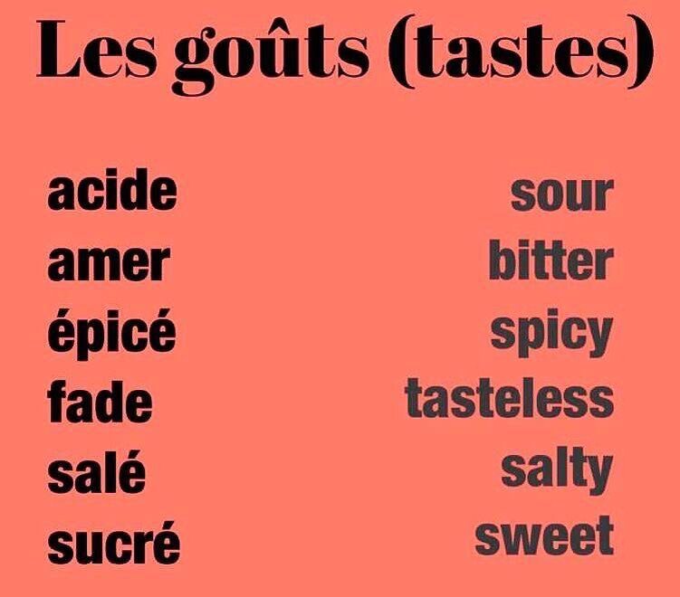 🔻acide - кислый  🔻amer - горький 
🔻épicé - острый 
🔻salé - соленый 
🔻sucré - сладкий