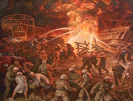 Взрыв на станции Свердловск-Сортировочный. Холст, масло.
Хранится в областной пожарно-технической выставке. ул. Карла Либкнехта, 8 «А»
