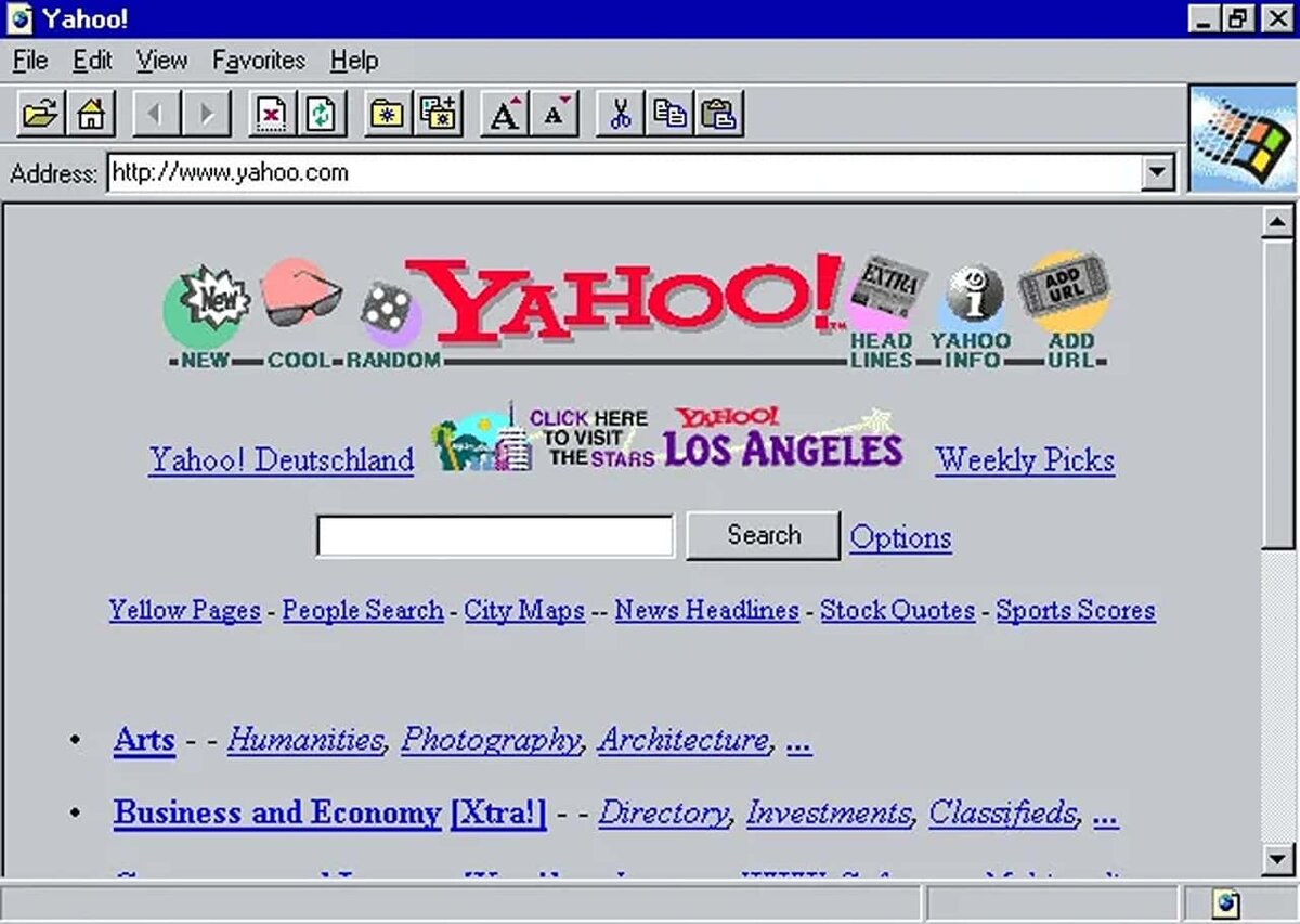 Поисковик Yahoo! в браузере Internet explorer. На минуточку, 1995 год!