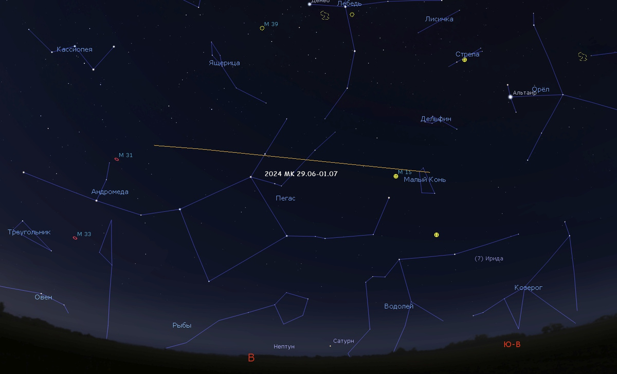 Движение 2024 MK по звёздному небу 29 и 30 июня 2024 года, изображение из открытых источников