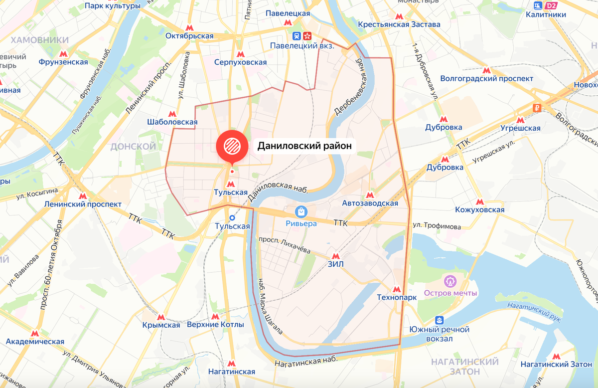 Границы Даниловского района на современной карте Москвы. Яндекс.Карты.
