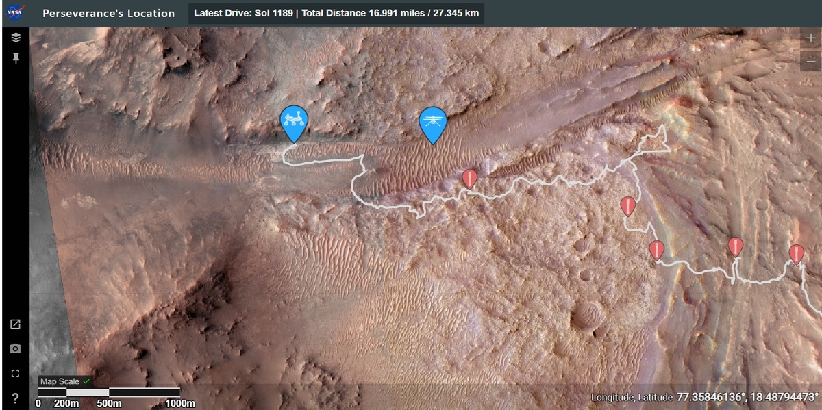    Местоположение ровера Perseverance: Он совершил посадку 18 февраля 2021 года. На карте также показано местоположение марсианского вертолета.NASA
