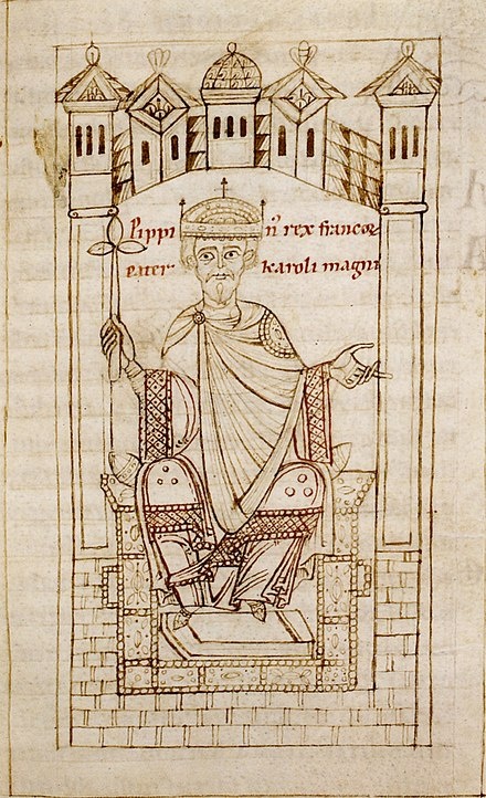 А вот с изображениями правителей у франков было туго. Даже эта картинка поздняя - 12 век. Поэтому мы не знаем, как выглядел Пипин.