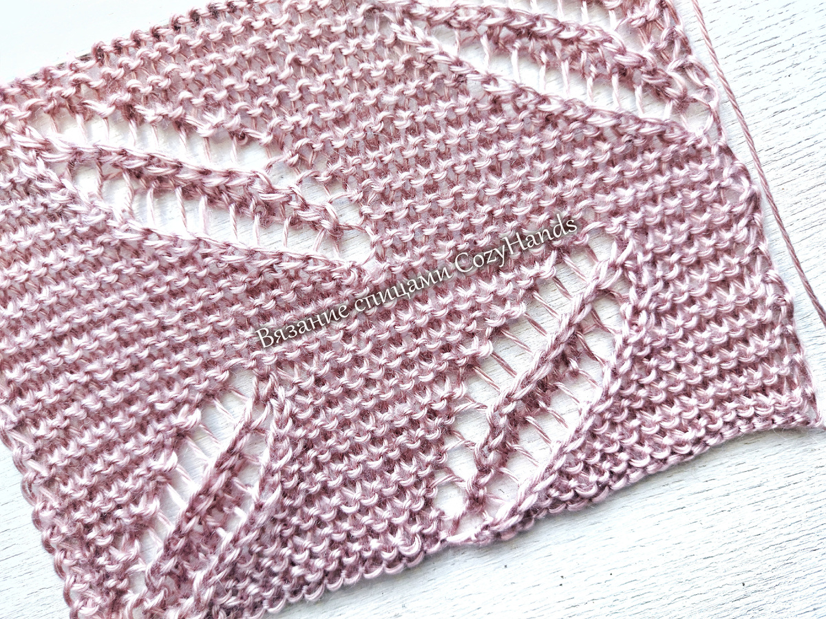 Симпатичный узор с ажурными тонкими листьями на платочной вязке