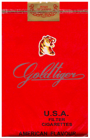 "Goldtiger". Duty Free, Китай, конец 1990 - х  годов. 20 штук с фильтром в мягкой упаковке и в  целлофане. Производитель: "Huaibin Cigarette Factory", владелец торговой марки: "Huaibin Cigarette Factory".