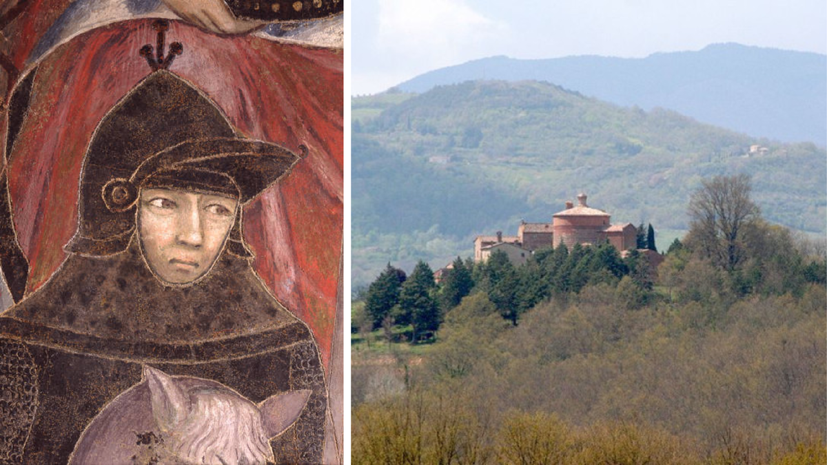 Слева - Вооруженный рыцарь сиенской армии (Италия, Тоскана, Сиена, Общественный дворец). Фреска Амброджо Лоренцетти, 14 век. Источник: gettyimages.com Справа - Аббатство Сан Гальгано. Источник: zamki-mira.livejournal.com