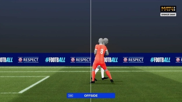    Офсайд Томаса Дилэйни в моменте с отмененным голом Дании.Кадр трансляции «Матч ТВ»