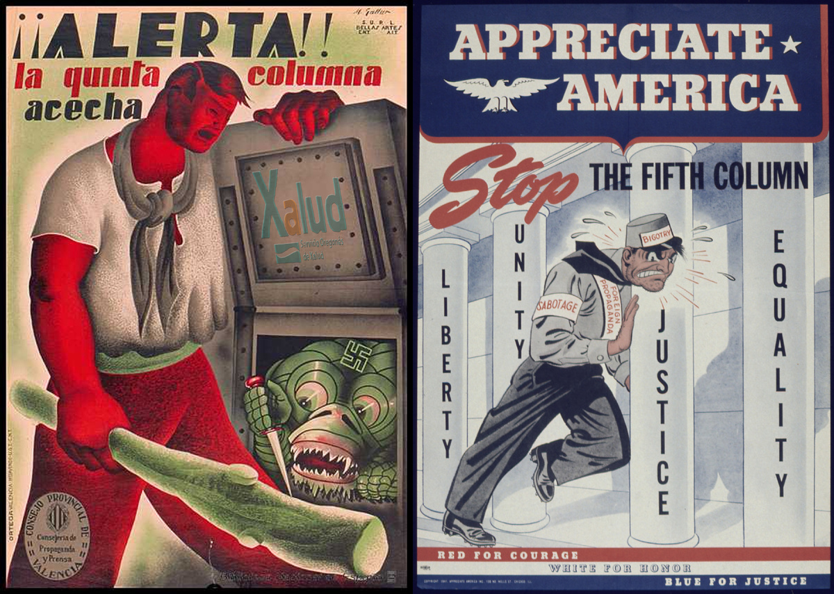 Республиканский плакат 1937 года «Внимание!! Пятая колонна не дремлет». И плакат времен Второй мировой войны из США, осуждающий «пятую колонну»