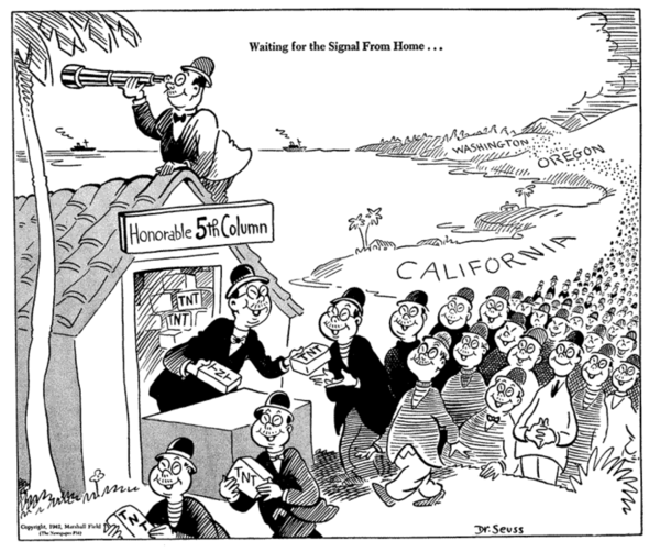 Карикатура 1942 года с подписью «Ожидание сигнала из дома», изображающая японоамериканцев в Калифорнии, Орегоне и Вашингтоне как пятую колонну , лояльную Японии, получающую взрывчатку и готовую к совершению диверсий против США.