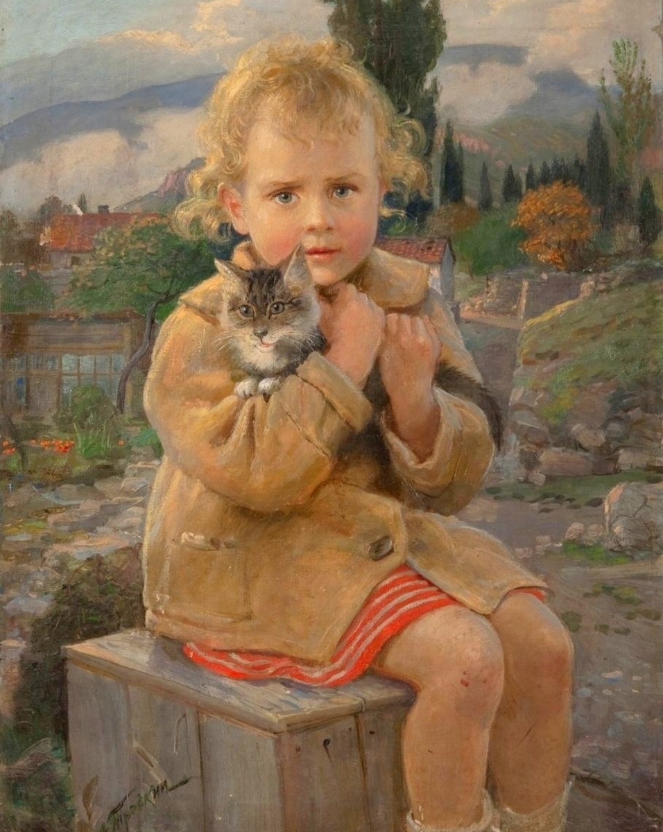 Девочка с котёнком. Ганночка. 1930е годы. Художник  Трескин Анатолий Владимирович.