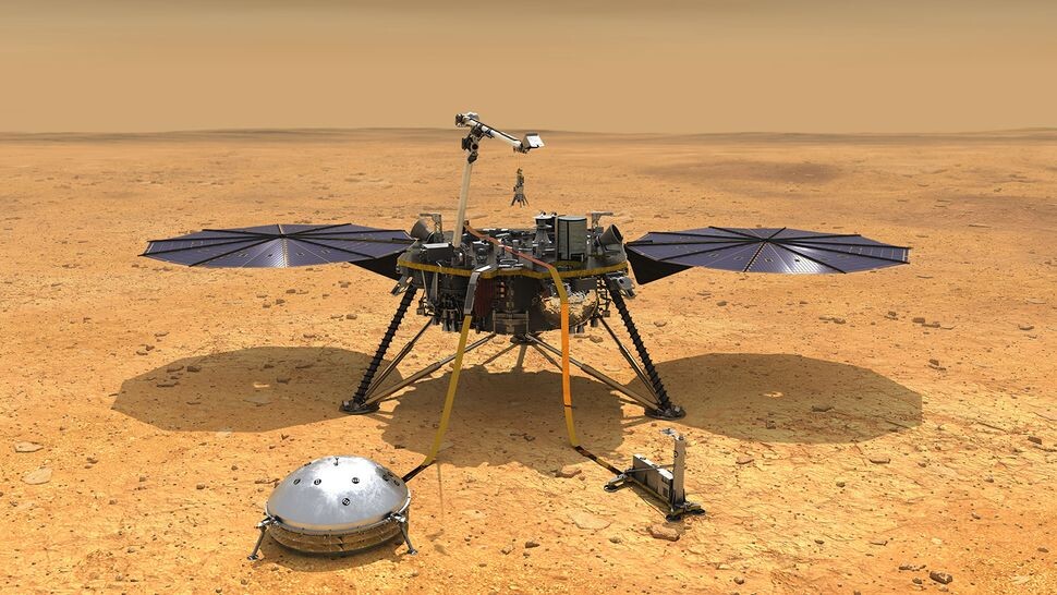 Иллюстрация InSight на поверхности Марса. Его сейсмометр расположен на переднем плане.    
 Источник: NASA / JPL–Caltech  📷
