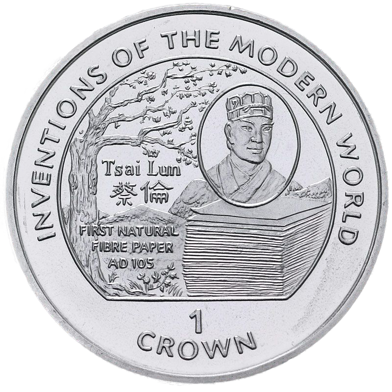 Монета Остров Мэн 1 крона 1995 год. Цай Лунь, Изобретение бумаги. Источник: vitcoins.ru
