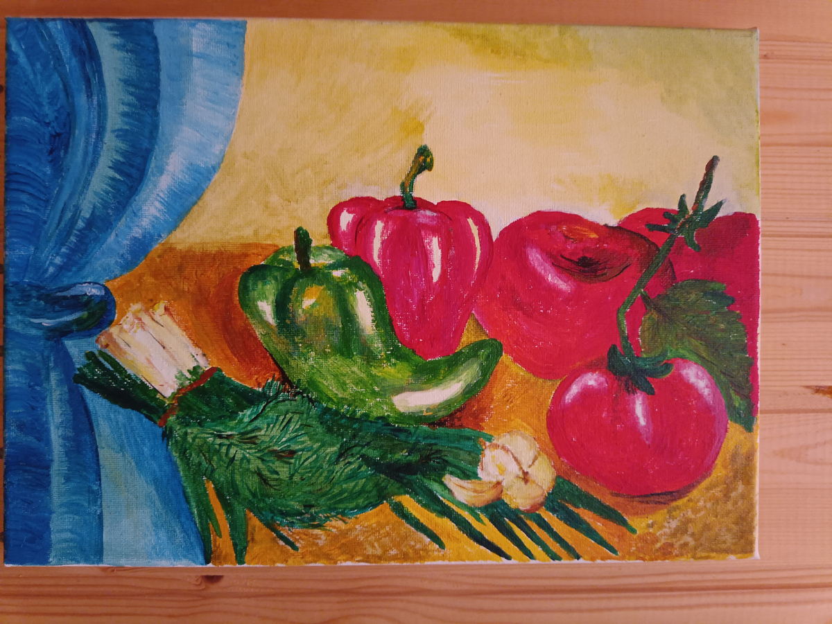 Картина автора, называю её овощи. Холст на подрамнике! 30*40 Моя из первых, поэтому не судите строго. Прошло время и смотрю и вижу всё недочёты. Но оставила ее , как память.