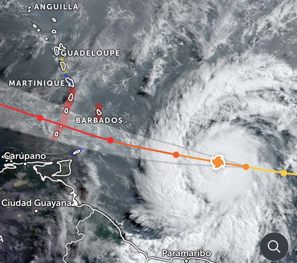 Движение урагана Берил на 13:50 (GMT +3) 30 июня 2024 года