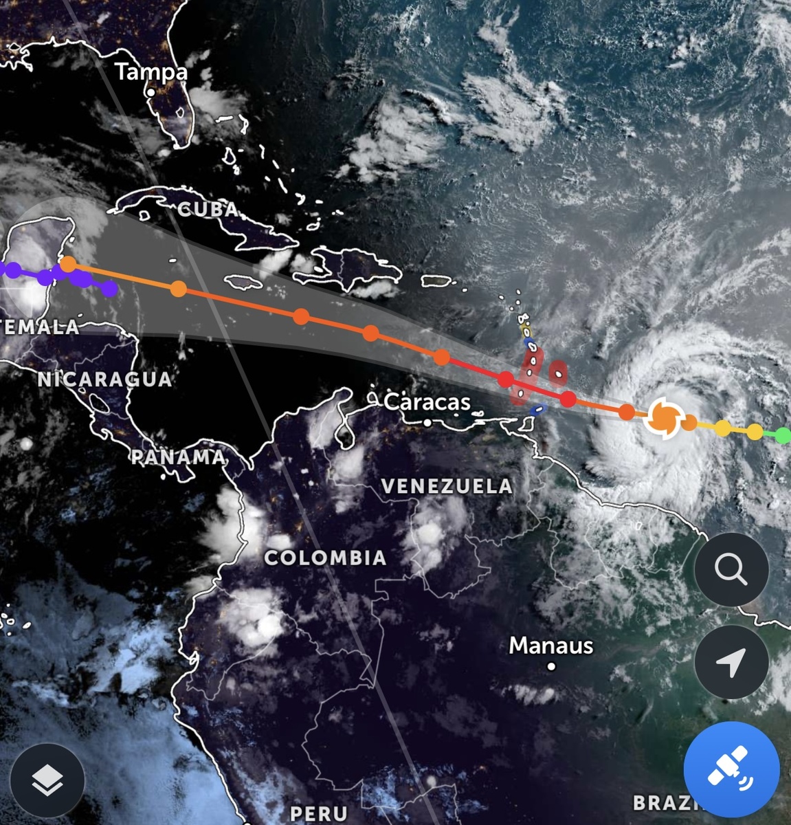 Прогноз траектории урагана Берил на 13:50 (GMT +3) 30 июня 2024 года
