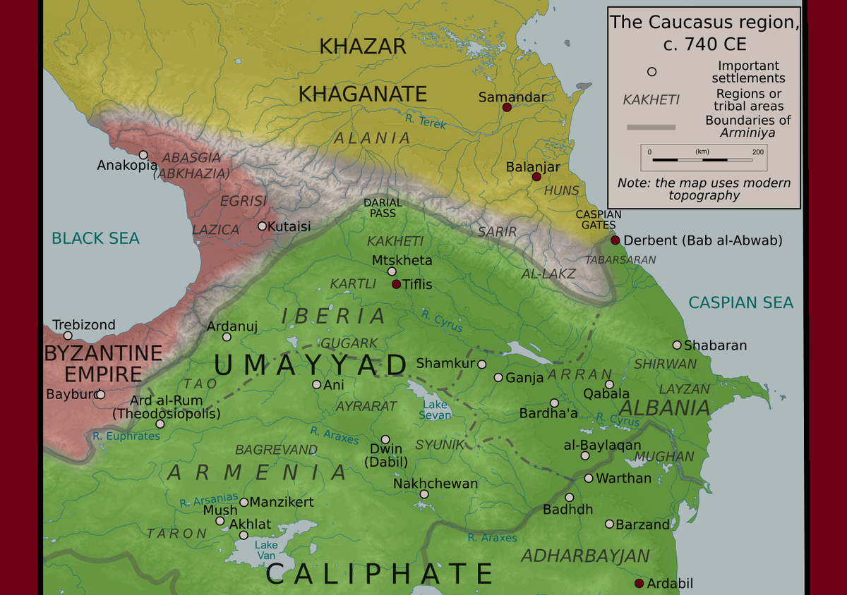 Карта Каказского региона в 740 году, так же отметил ключевые населенные пункты Арабо-хазарских войн, включая Семендер, Беленджер, Дербент, Тифлис и Ардебиль 