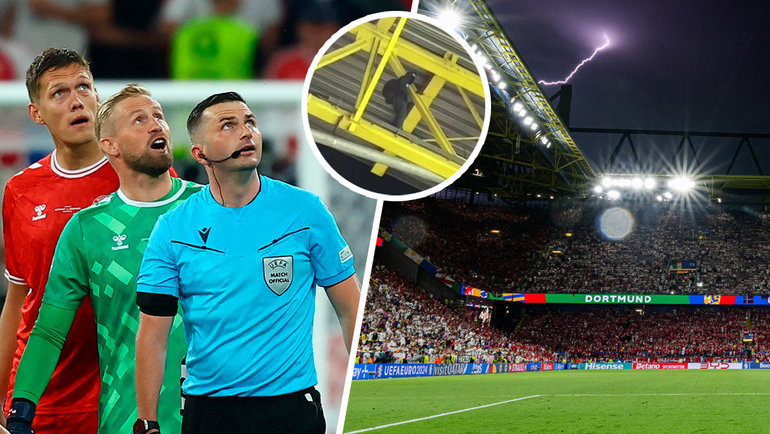    Футболисты и рефери следят за погодой, болельщик под крышей, молния над стадионом. Reuters