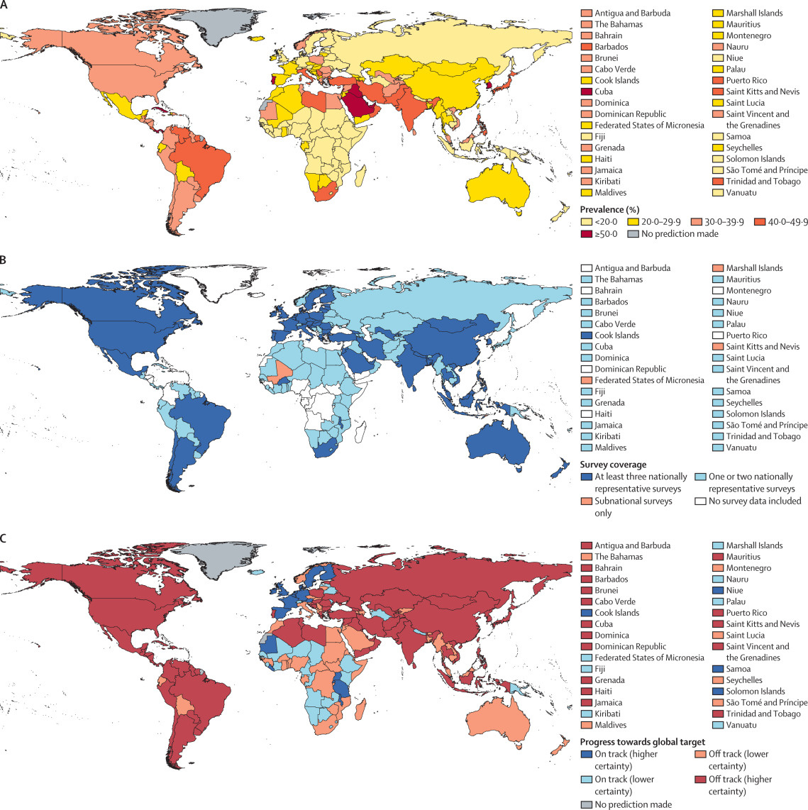 Карта (A) стандартизированной по возрасту распространенности недостаточной физической активности среди взрослых в возрасте 18 лет и старше в 2022 году, (B) охвата и репрезентативности данных и (C) прогресс стран в 2010–2022 годах на пути к глобальной цели на 15 % относительно снижения распространенности недостаточной физической активности среди взрослых в возрасте 18 лет и старше в период с 2010 по 2030 год.