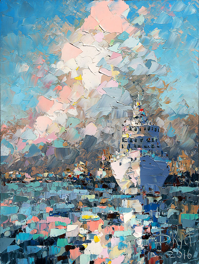 Художник Дмитрий Кустанович. Белый пароход и розовое облако, 80x60 см, холст, масло, 2016
