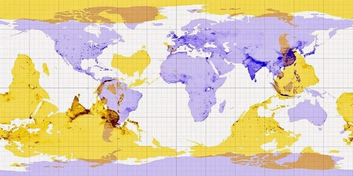 На этой карте показаны страны, которые являются антиподами друг другу. Если провести прямую линию через земной шар в любой точке синей карты, то можно увидеть, где окажешься.