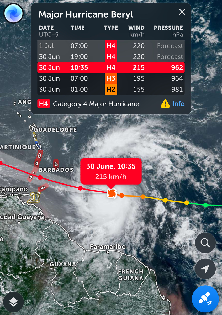 Ураган Берил в 18:35 (GMT +3) по московском времени 30 июня 2024 достиг уровня 4