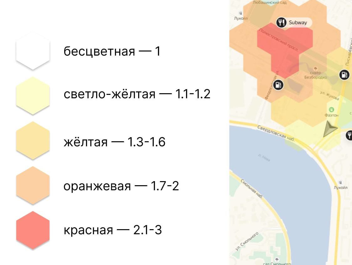 Коэффициент спроса можно определить по карте - чем темнее сектор, тем выше он в этом районе