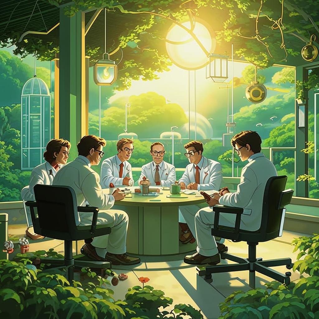 Группа ученых за столом в лаборатории посреди цветов, зелени и прекрасного пейзажа за стеклами помещения