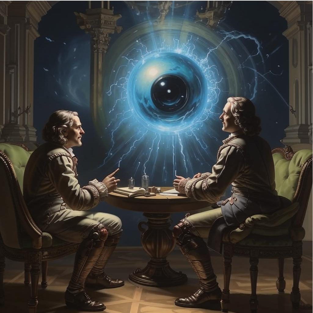 Двое ученых эпохи классицизма ведут беседу под неусыпным оком ИИ 