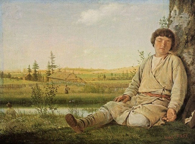 Венецианов Алексей Гаврилович (1780-1847). Спящий пастушок (1823-1826). Дерево, масло.