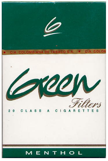 "Green" Filters. Колумбия, 1990-х годов выпуска. 20 штук, с фильтром в боксе. Производитель: "Cia. Colombiana de Tabaco S.A.".  Владелец бренда: "Cia. Colombiana de Tabaco S.A.".