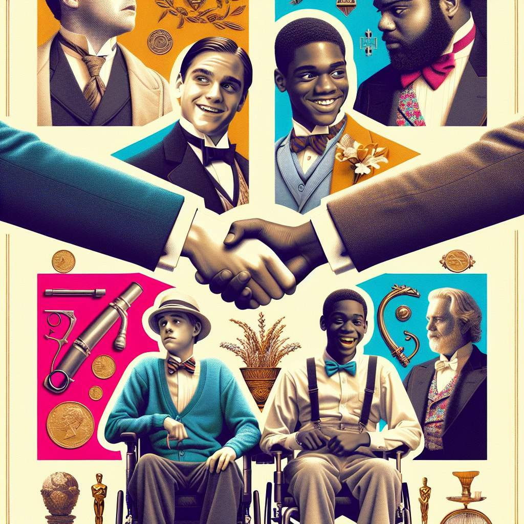 Обложка для фильма "1+1" (2011), отражающая уникальную дружбу между богатым аристократом и молодым парнем с ограниченными физическими возможностями, захватывающая смешные и трогательные моменты