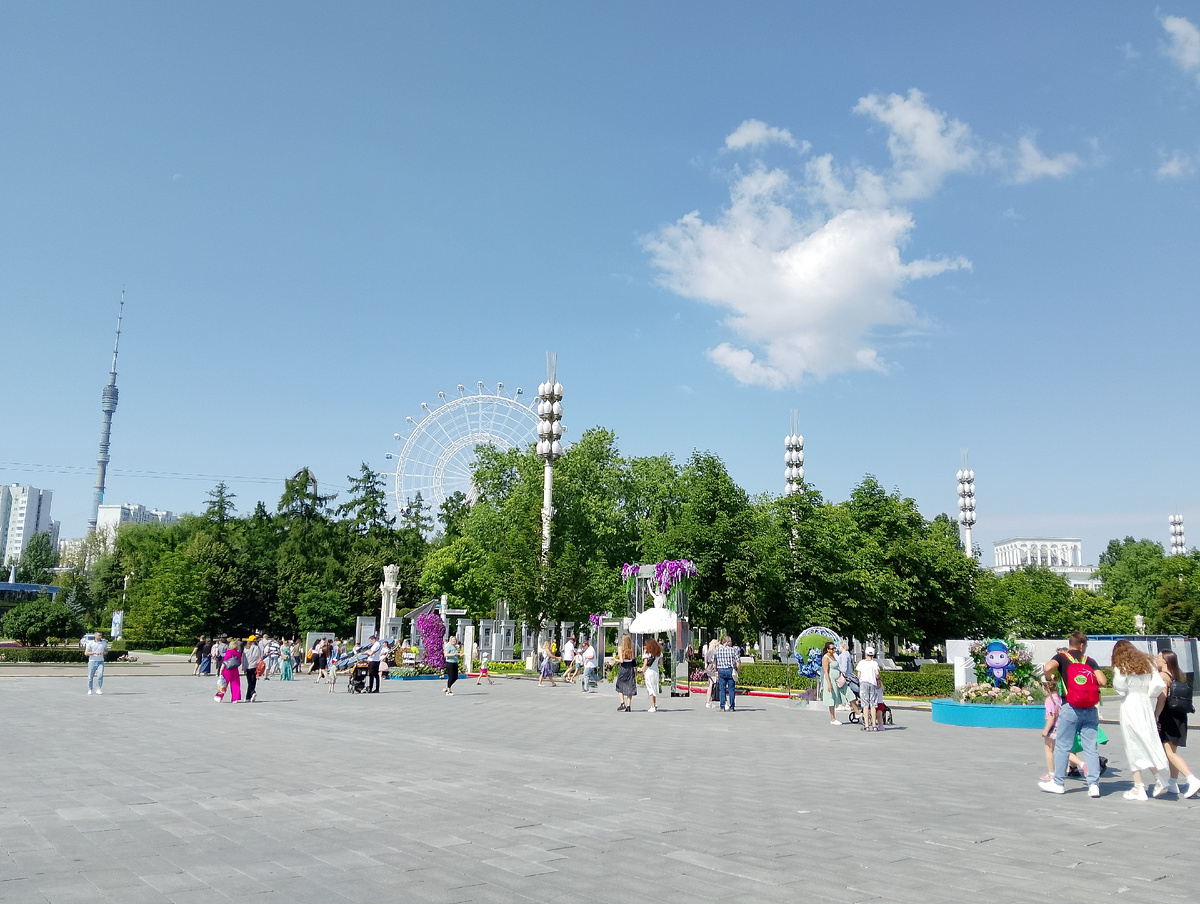Такое же ясное небо над ВДНХ в начале 11 утра. Солнце слепит. Уже жарко. Фото автора
