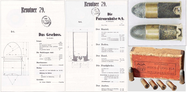 Внешний вид и устройство патрона калибра 10,6x25R. В верхнем правом углу показано устройство в разрезе патрона раннего (вверху) и позднего образца. Масса безоболочечной свинцовой пули составляла 16,2 гр. Заряд дымного пороха позволял пуле развивать начальную скорость до 215 м/с
