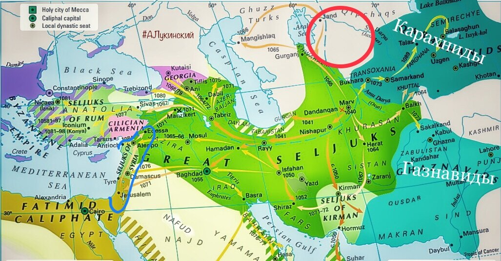 Тюрки-огузы двинувшись на запад  с красного круга на карте, осядут в Туркменистане и Турции ( зеленое).  Само слово туркмены - значит турки. Поэтому они считают себя одним историческим народом. 