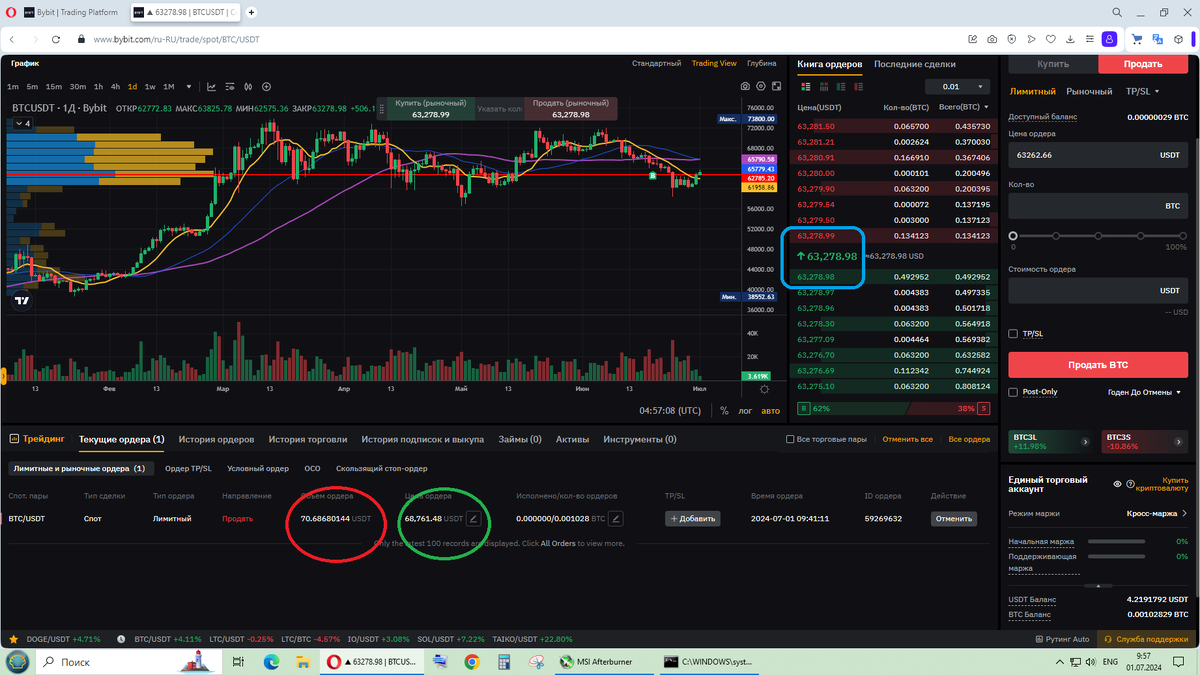 Реальный ордер по BTC, сделанный нами для тестирования его цены