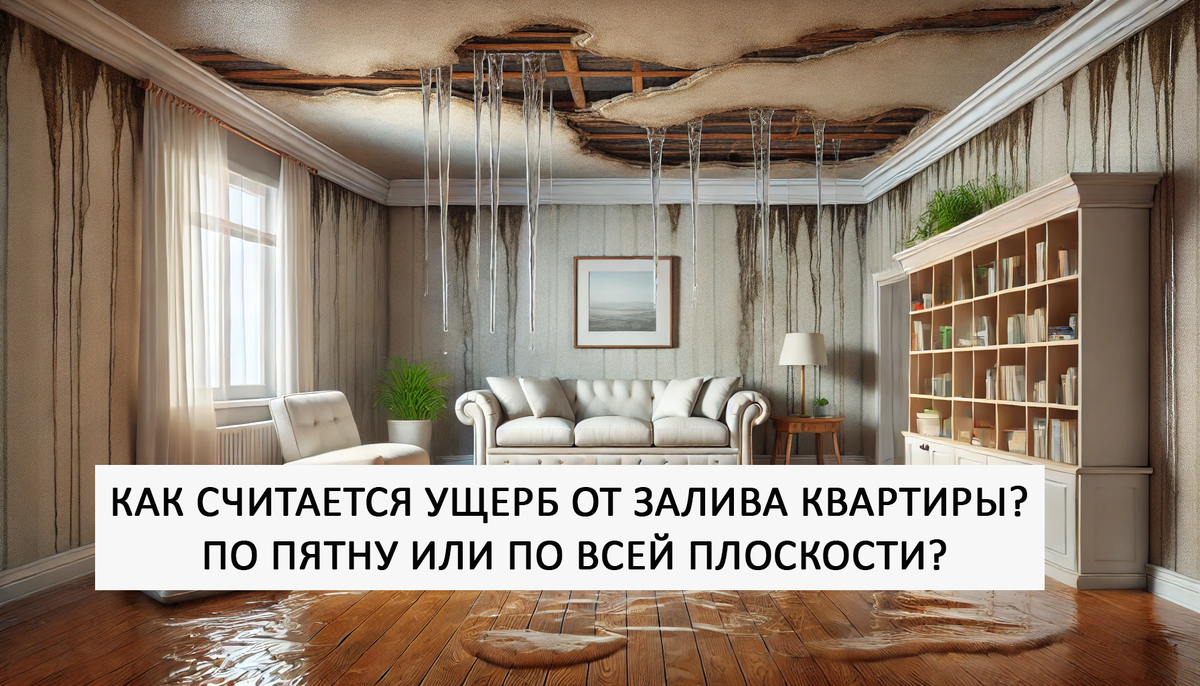 Как считается ущерб от залива квартиры? По пятну или по всей плоскости?