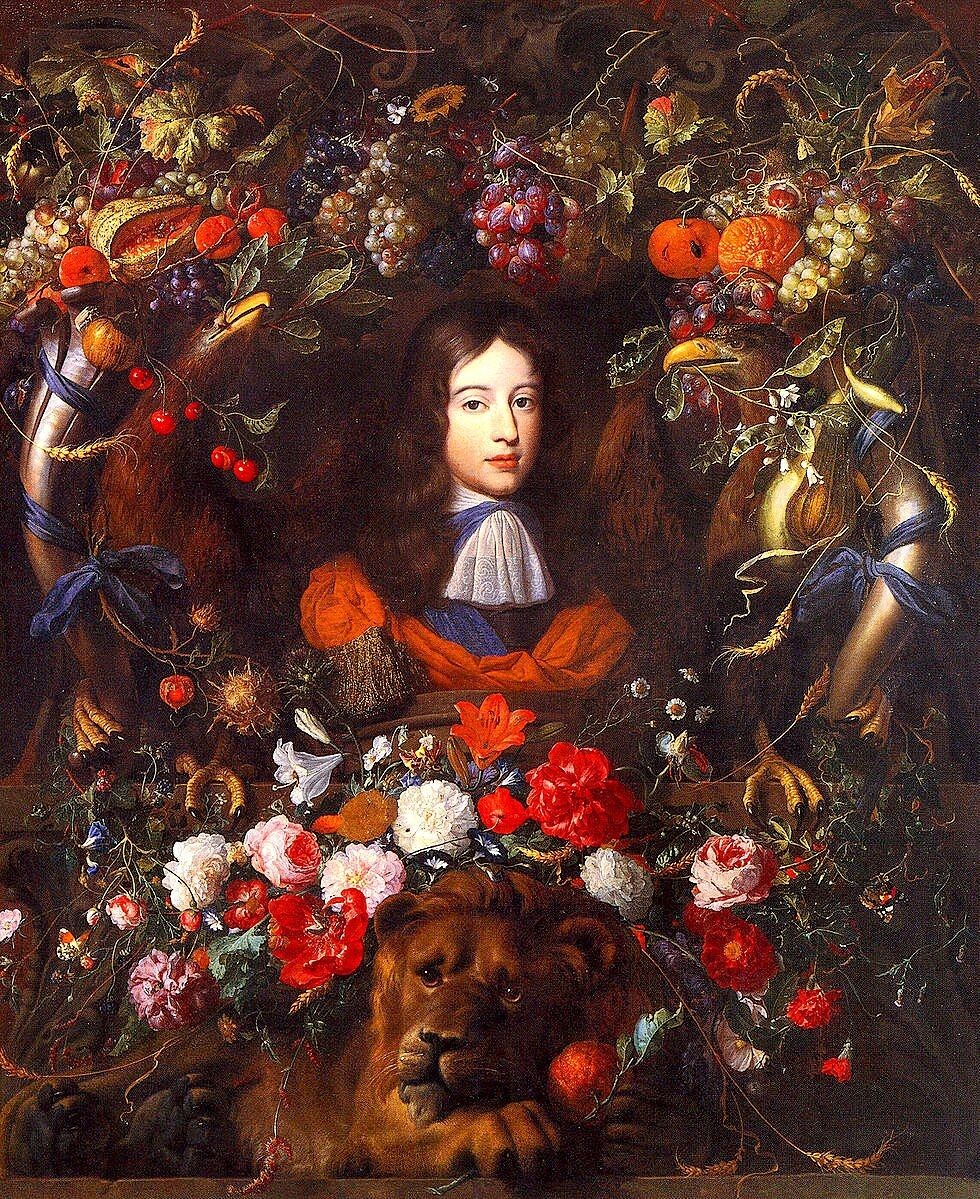 Ян Давидс де Хем: Цветочная гирлянда с портретом Вильгельма III Оранского, 10 лет, 1659-1666