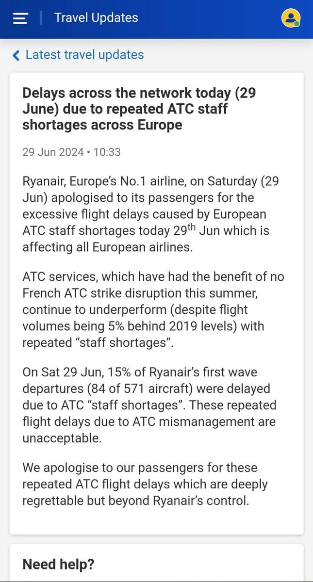 Объеявление от авиакомпании с сайта Ryanair