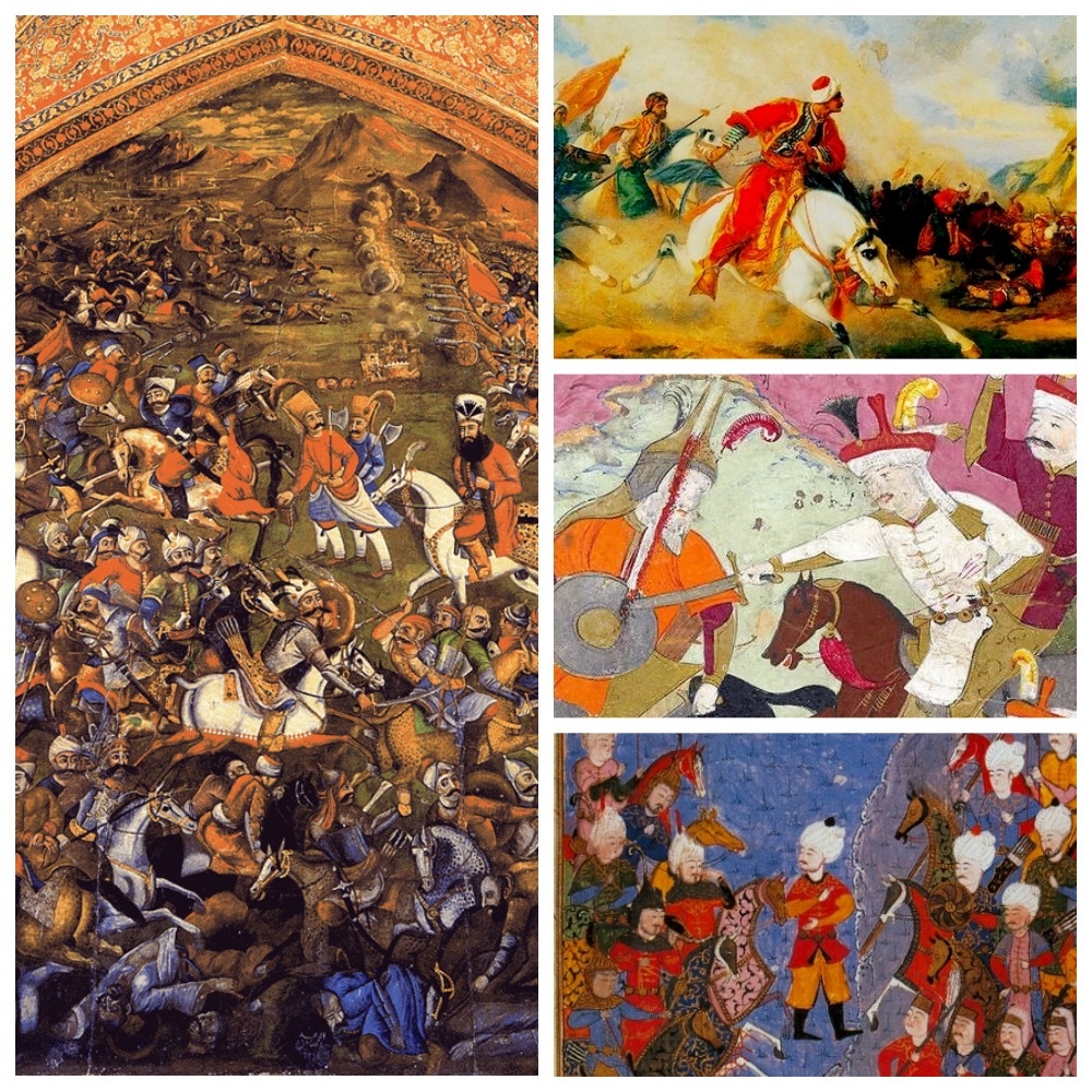 Чалдыранская битва. Cелим I (вверху справа). Исмаил I на двух изображениях ниже - в бою и накануне битвы.