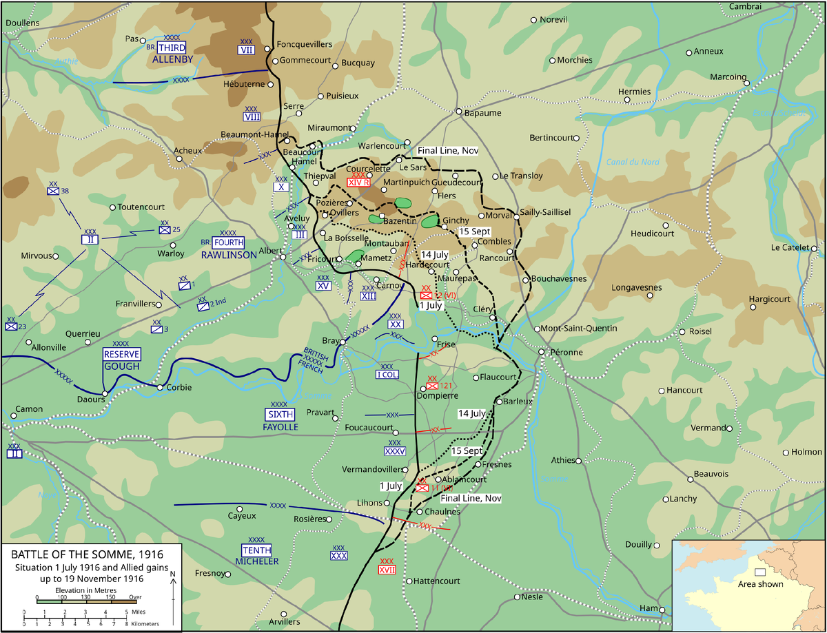 Карта битвы на Сомме 1916 год. Первая мировая война 