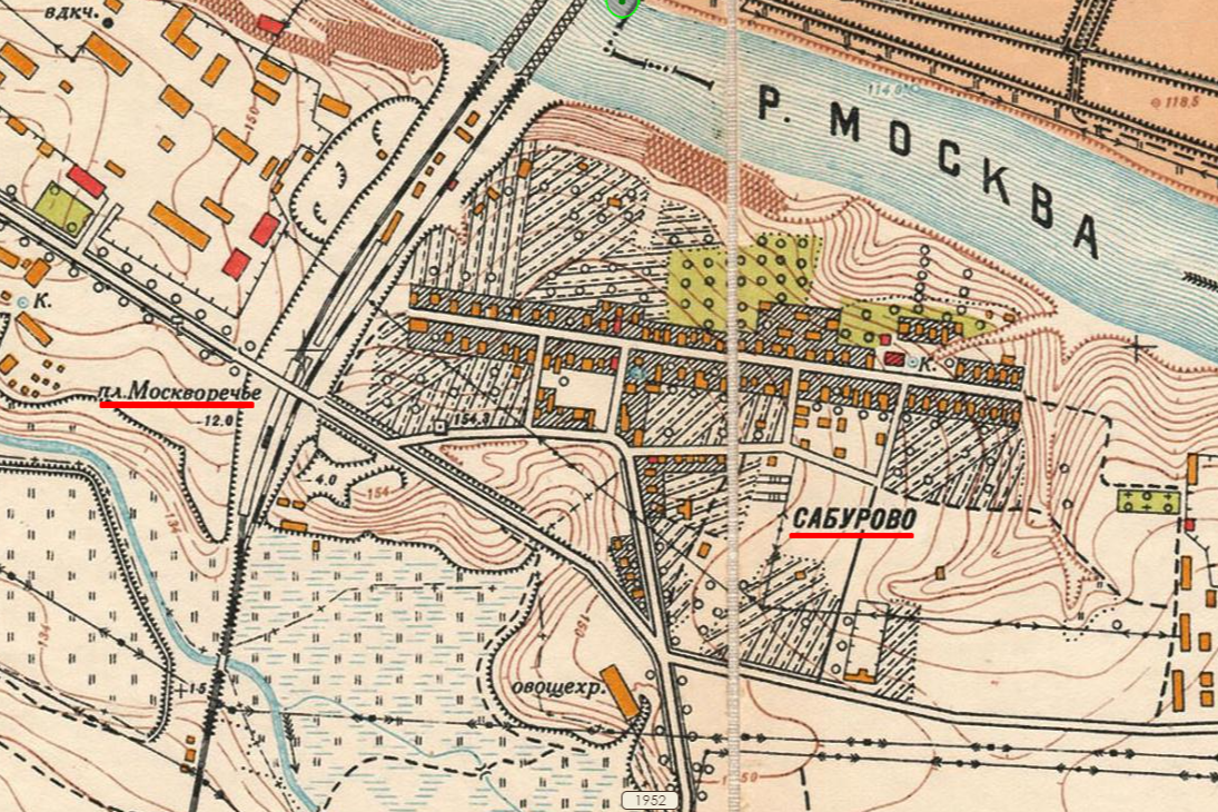 Платформа Москворечье и село Сабурово на плане Москвы 1952 года. Источник: retromap.ru 