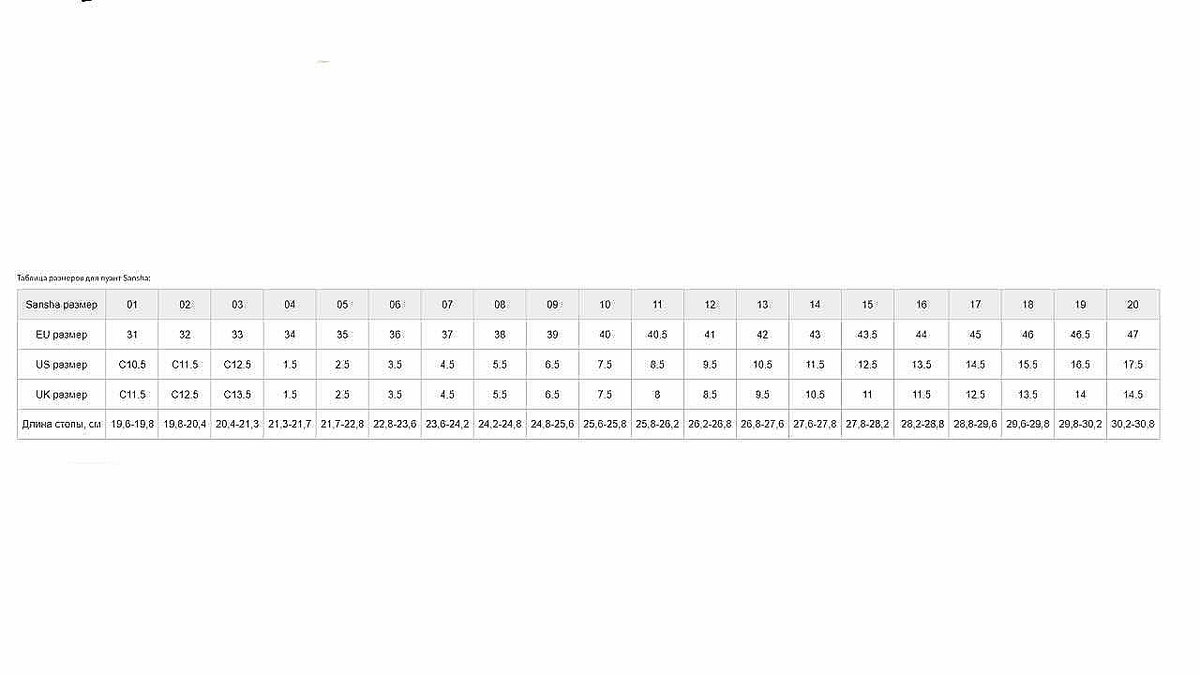 Таблица размеров пуантов Sansha