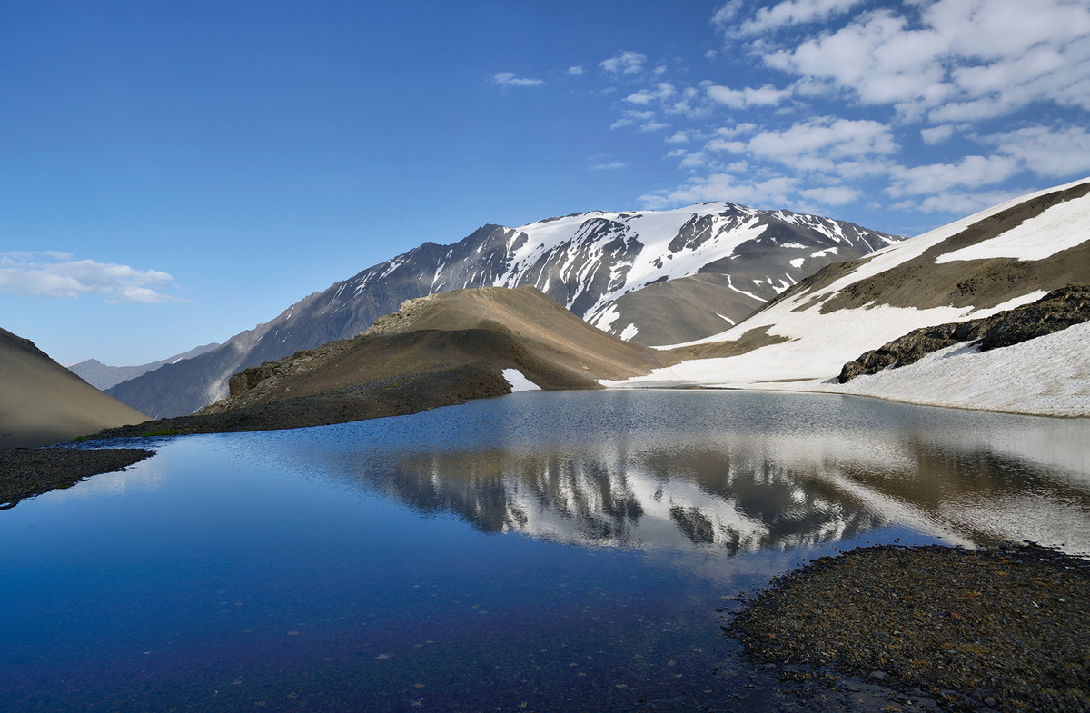 Небольшое горное озеро у базового лагеря под Базардюзю. На заднем плане – вершина горы Базарюрд (4126 метров)