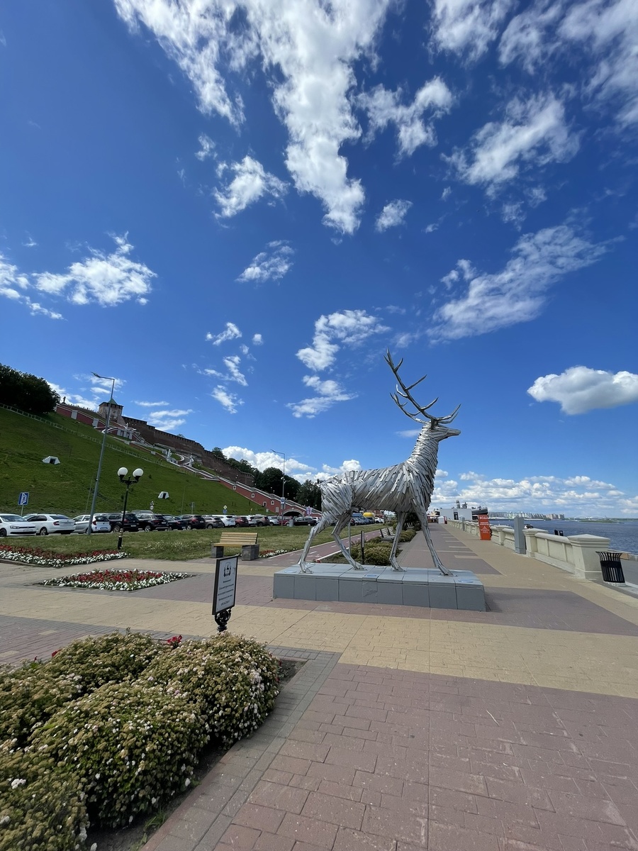 Символ Нижнего Новгорода на набережной (и табличка-предупреждение, что не надо залезать на оленя) 