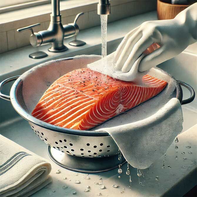 Тщательно промойте филе лосося под холодной водой